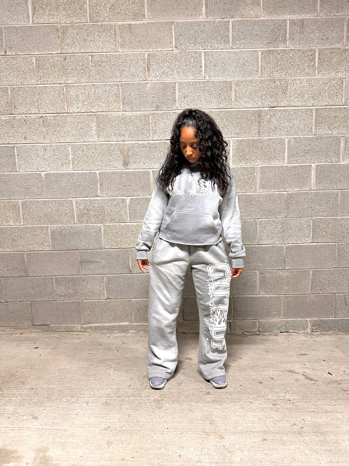 OOTU Gray & White Acid Wash Cropped Hoodie.