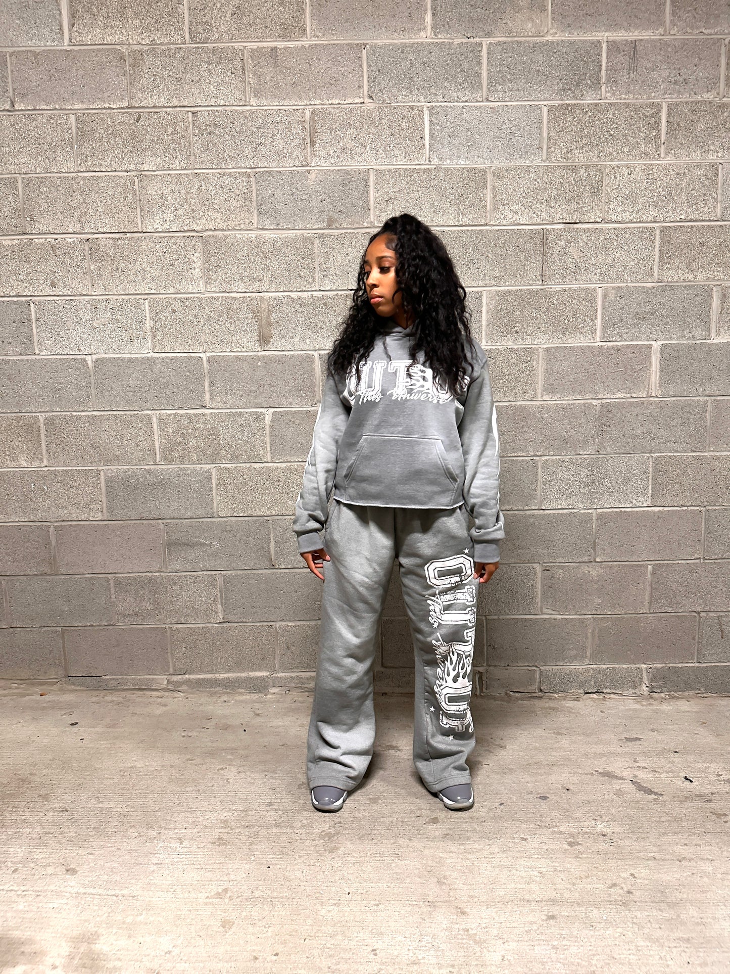 OOTU Gray & White Acid Wash Cropped Hoodie.