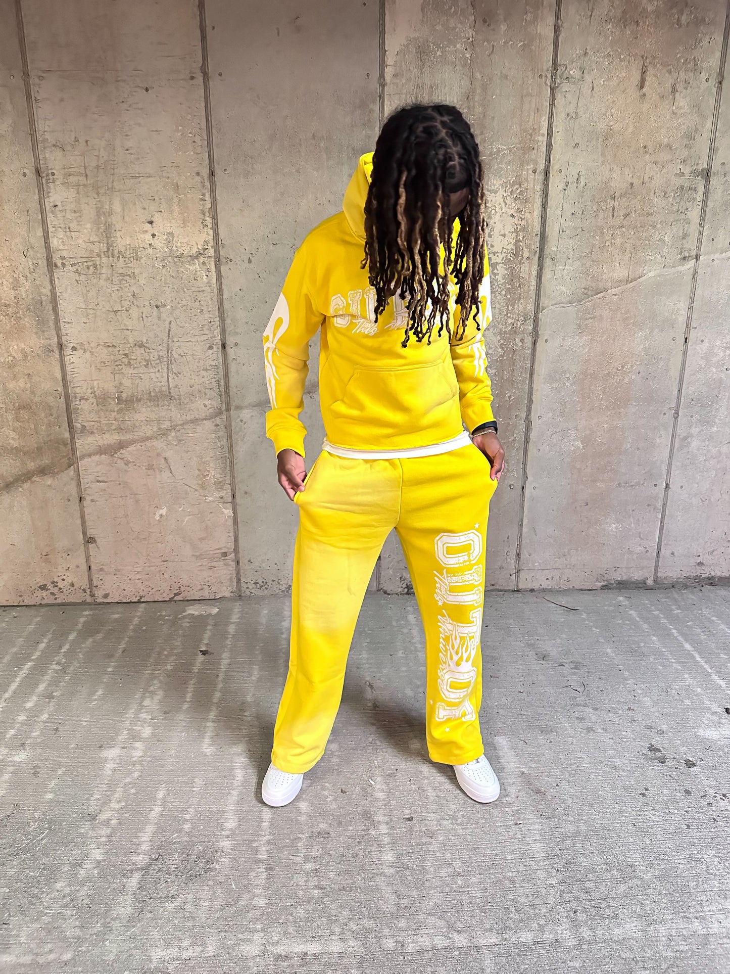 OOTU Yellow & White Acid Wash Cropped Hoodie.